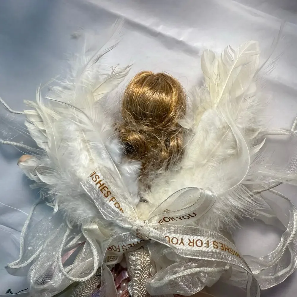 VTG Porcelain Angel Christmas Ornament Cream Pink Pearl Lace Feathers Ribbon 12”